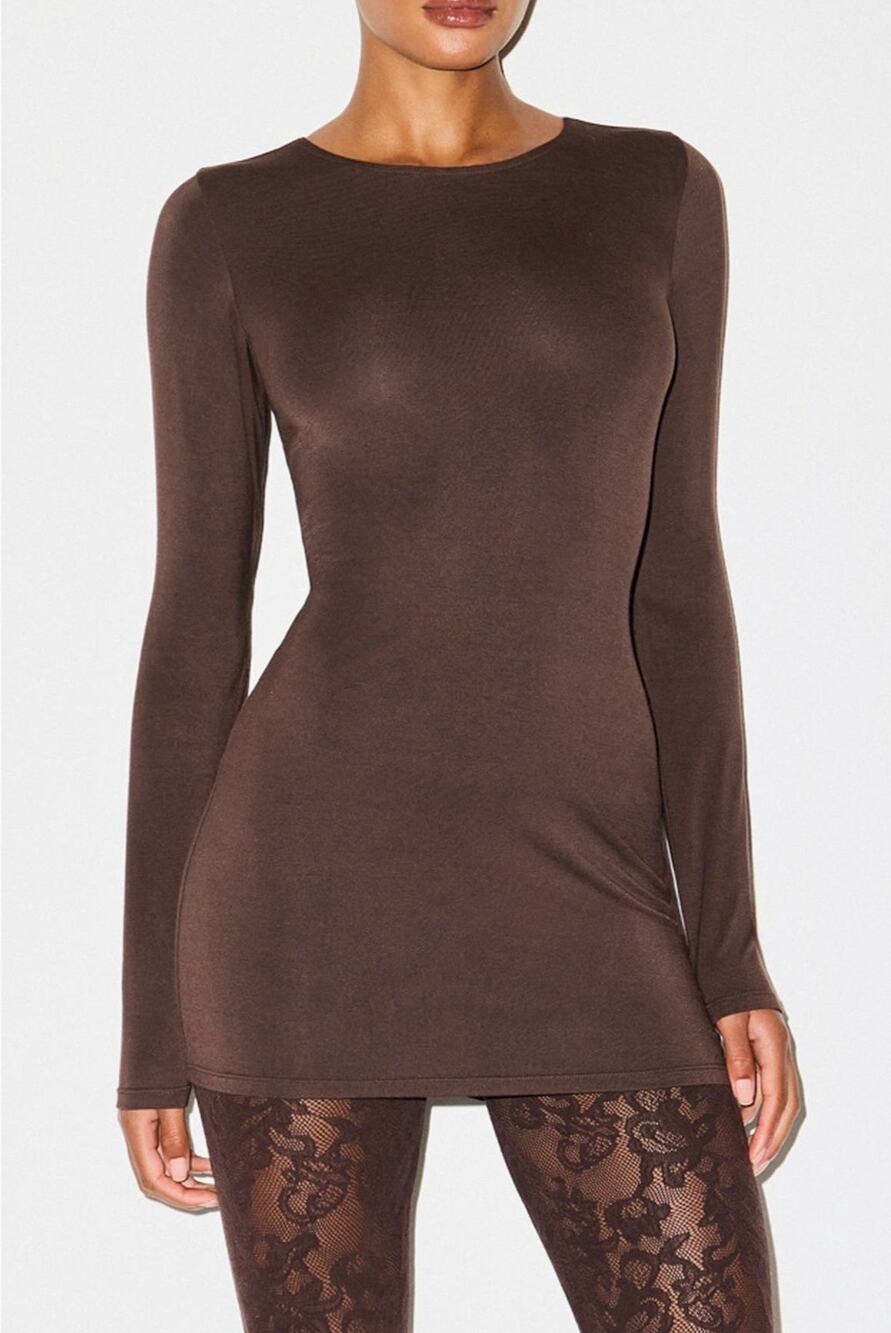 Chic SKIMS Smooth Layers Crewneck Mini Dress - Espresso, Size L